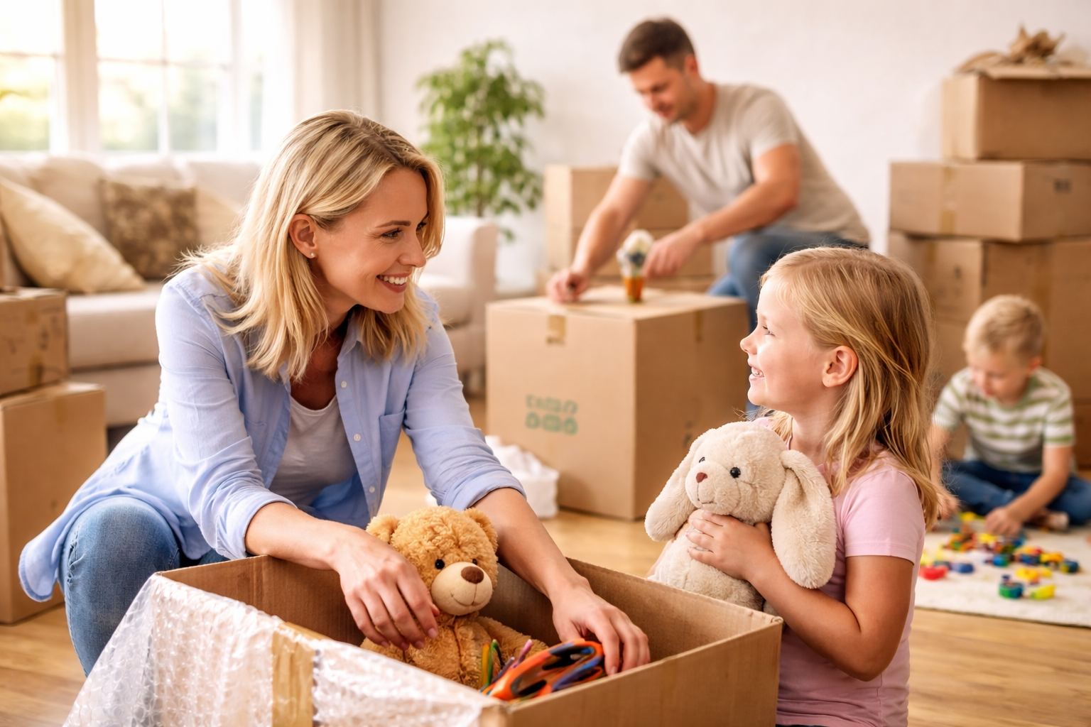 umzugstag im wohnzimmer mit familie