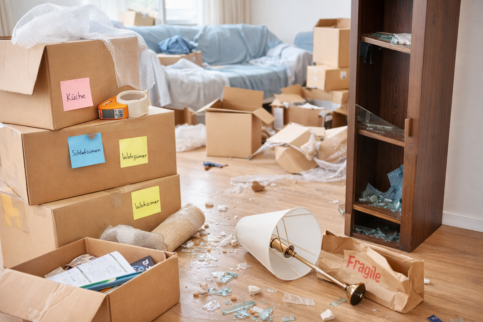 Typische Umzugsfehler – und wie Sie diese vermeiden unordnung beim umzug in wohnzimmer